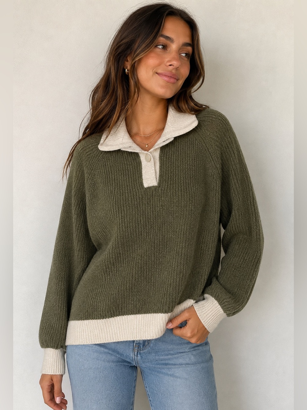 Oversized SMALL aerie Olive Green Knit Sweater with Cream Trim Collar- GUC-FUC